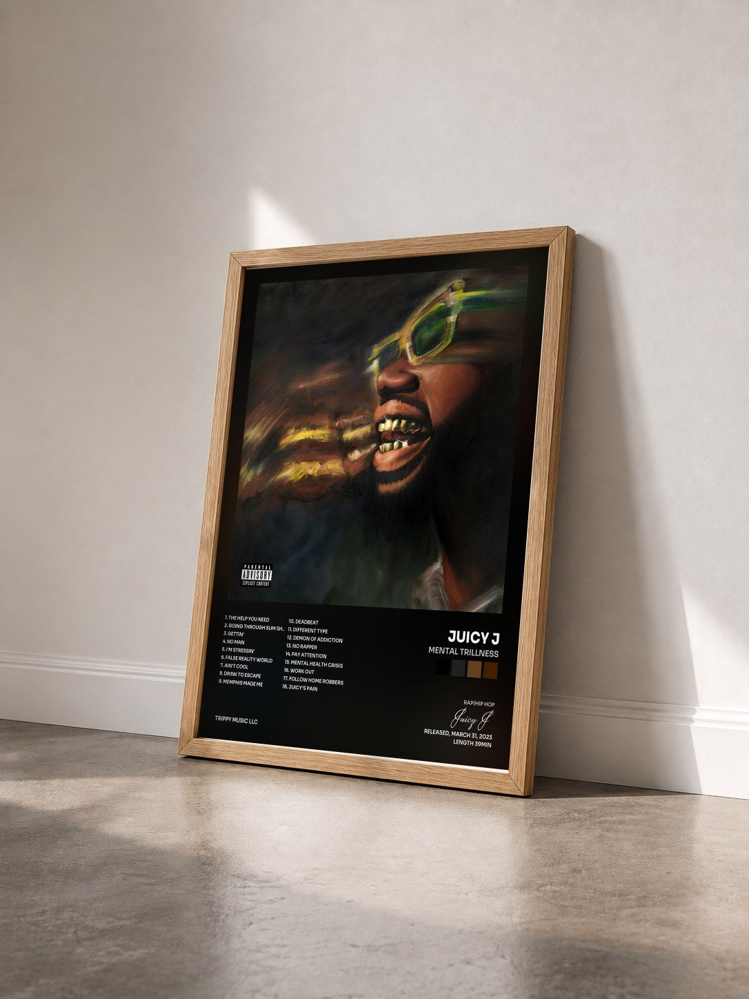 #bois Tableau de l'album Mental Trillness de Juicy J vu de trois quarts, cadre en bois brut
