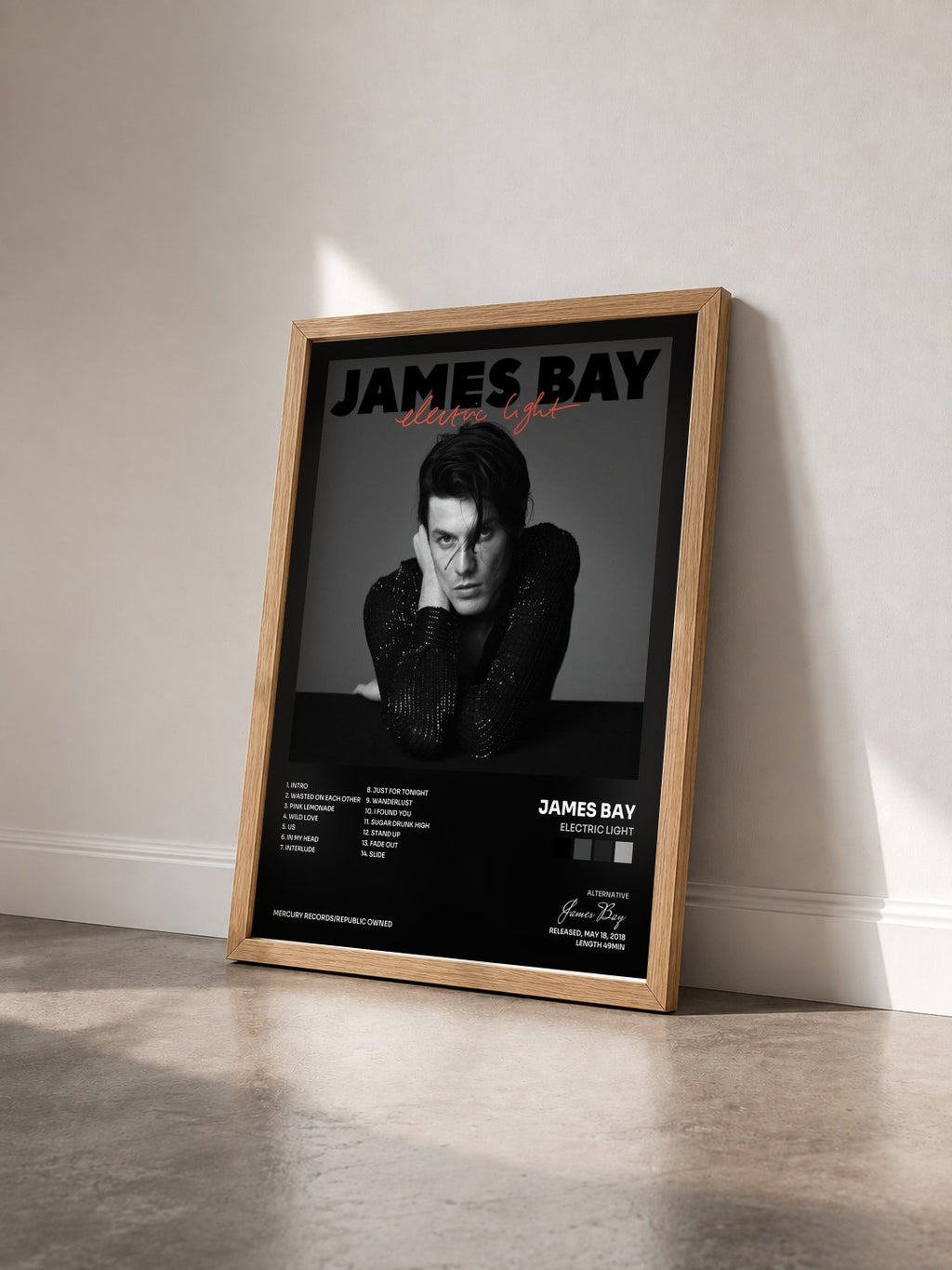 #bois Tableau de l'album Electric Light de James Bay vu de trois quarts, cadre en bois brut