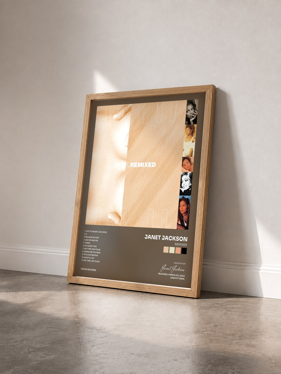 #bois Tableau de l'album Remixed de Janet Jackson vu de trois quarts, cadre en bois brut