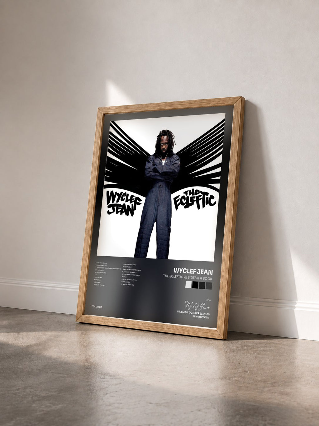 #bois Tableau de l'album The Ecleftic -2 Sides II A Book de Wyclef Jean vu de trois quarts, cadre en bois brut