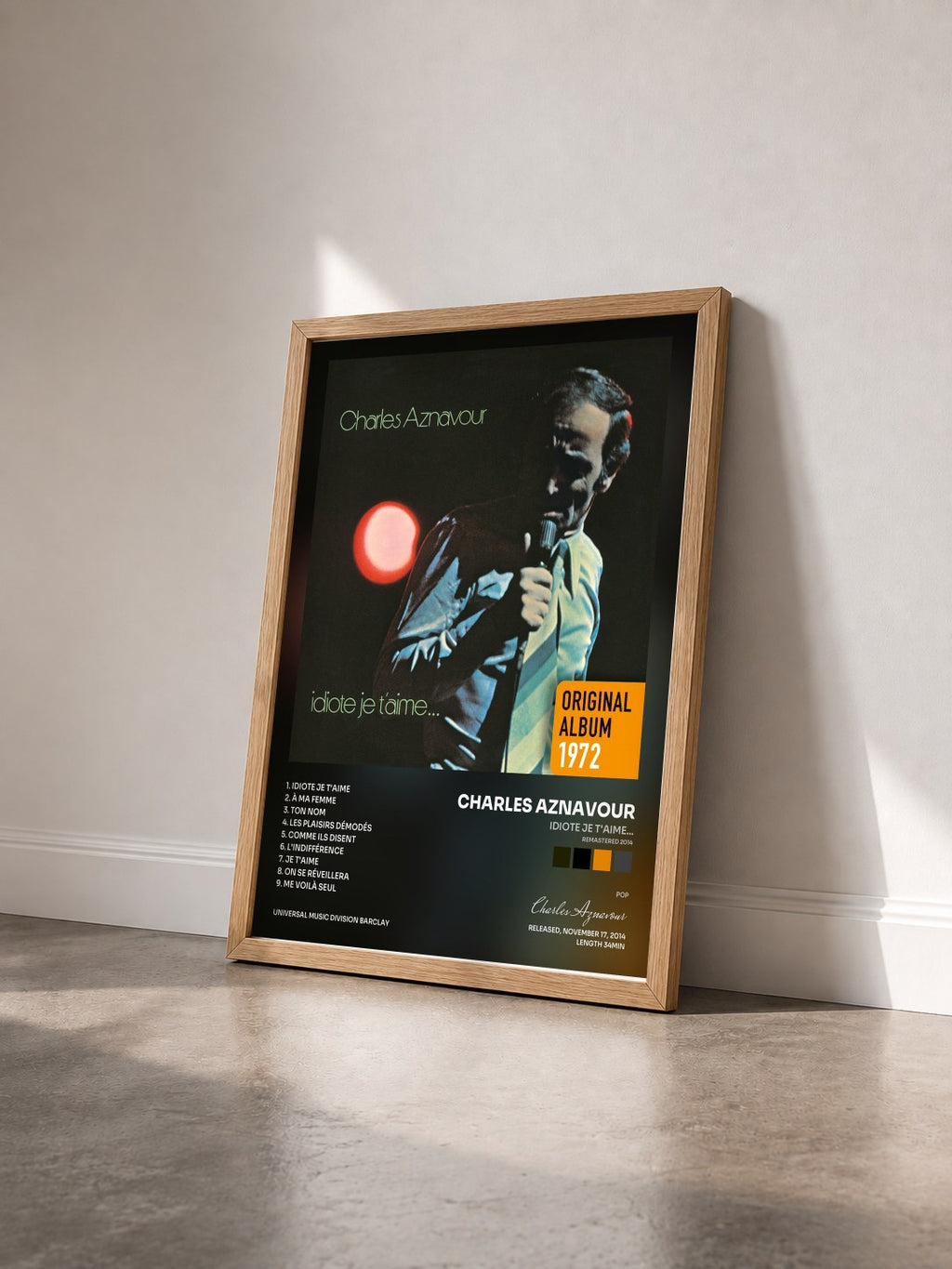 #bois Tableau de l'album Idiote je t'aime... (Remastered 2014) de Charles Aznavour vu de trois quarts, cadre en bois brut