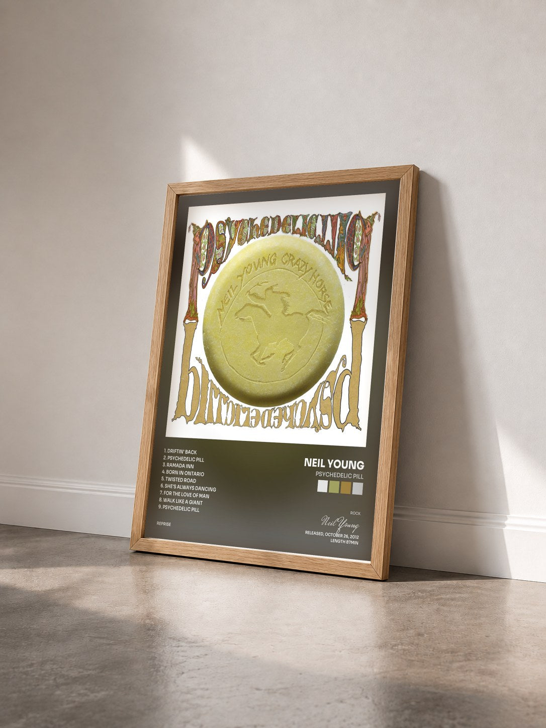 #bois Tableau de l'album Psychedelic Pill de Neil Young vu de trois quarts, cadre en bois brut