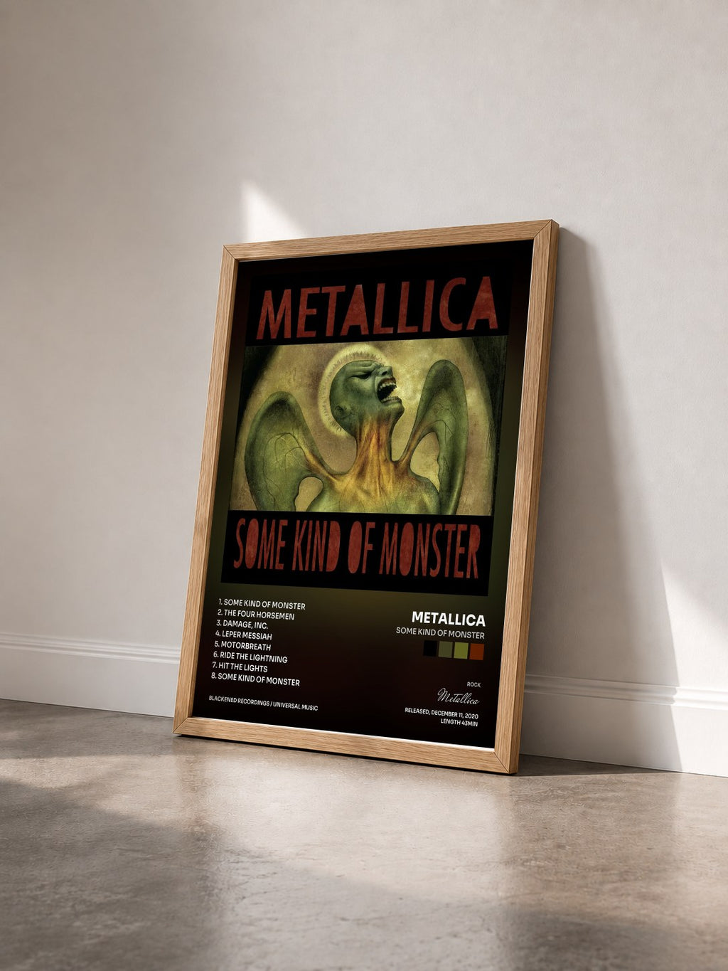 #bois Tableau de l'album Some Kind Of Monster de Metallica vu de trois quarts, cadre en bois brut