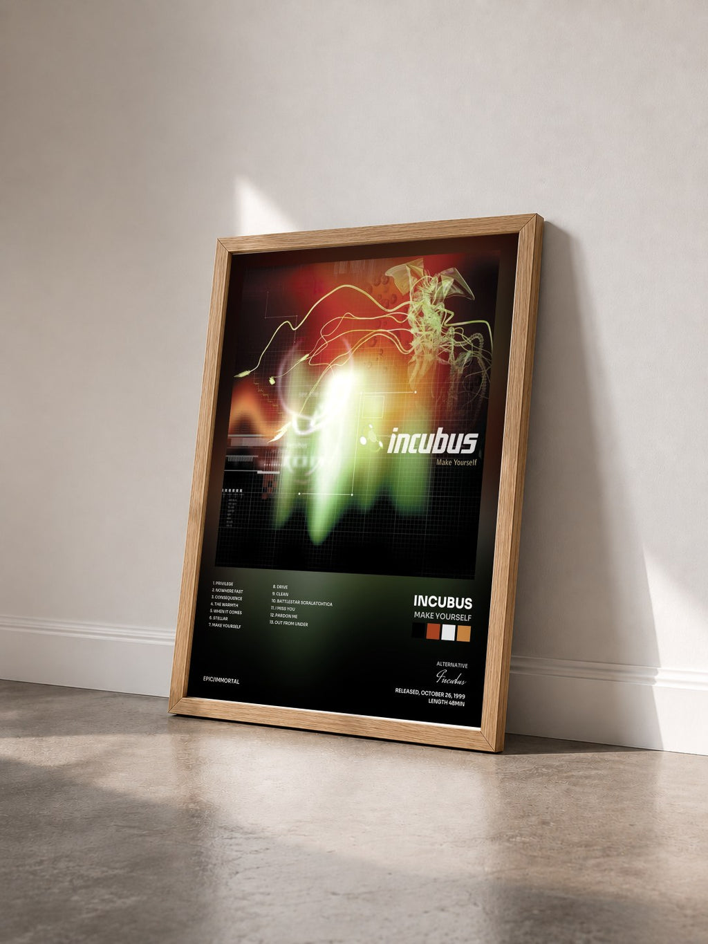 #bois Tableau de l'album Make Yourself de Incubus vu de trois quarts, cadre en bois brut