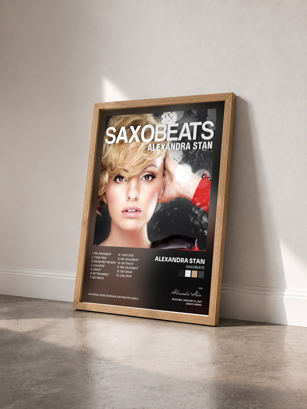 #bois Tableau de l'album Saxobeats de Alexandra Stan vu de trois quarts, cadre en bois brut