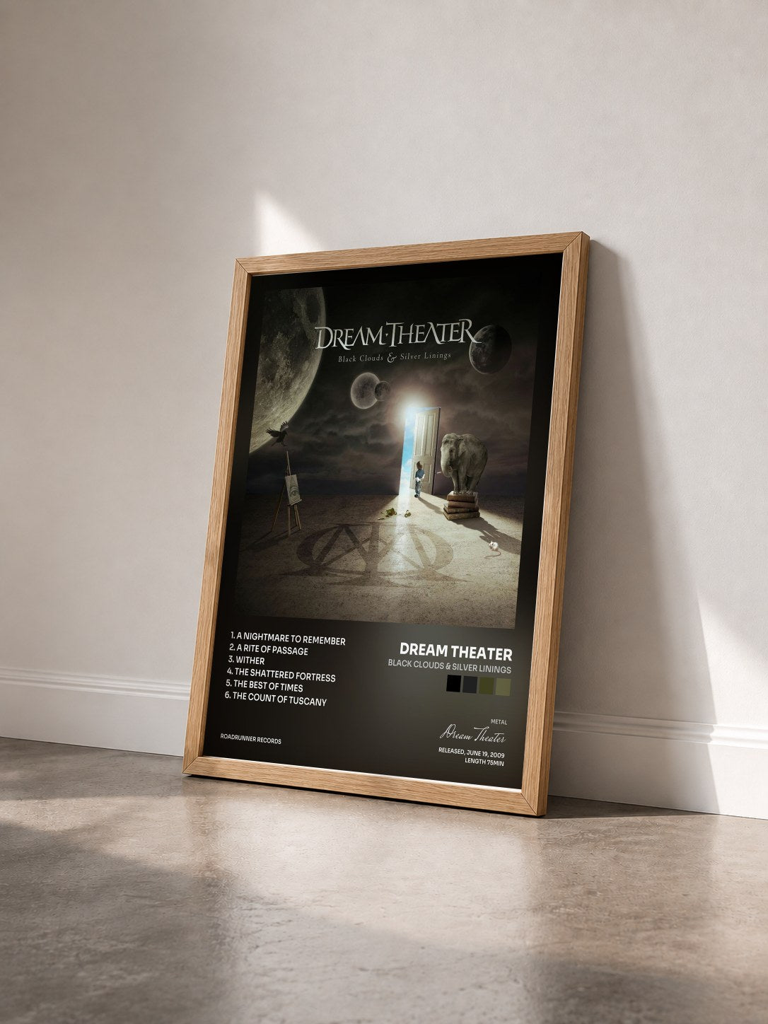 #bois Tableau de l'album Black Clouds & Silver Linings de Dream Theater vu de trois quarts, cadre en bois brut