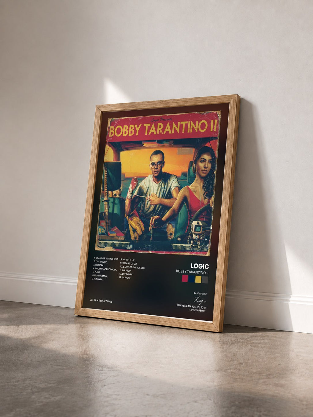#bois Tableau de l'album Bobby Tarantino II de Logic vu de trois quarts, cadre en bois brut