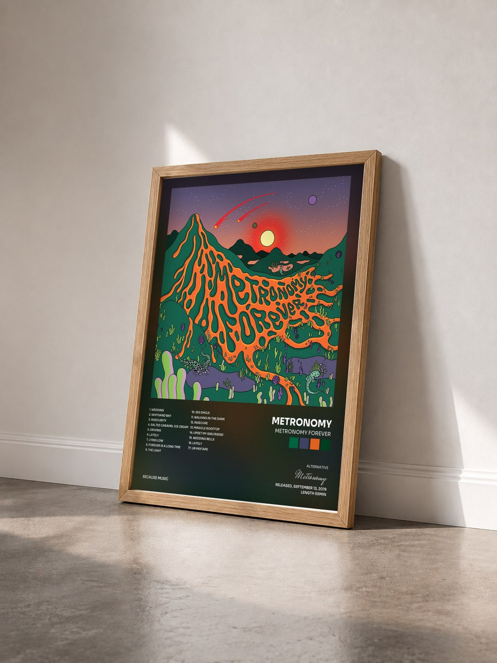 #bois Tableau de l'album Metronomy Forever de Metronomy vu de trois quarts, cadre en bois brut
