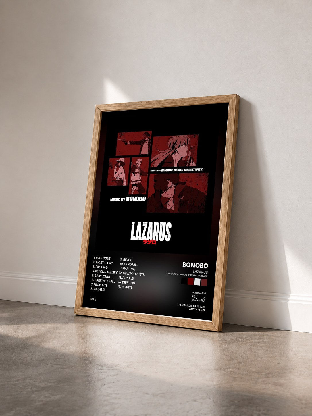 #bois Tableau de l'album Lazarus (Adult Swim Original Series Soundtrack) de Bonobo vu de trois quarts, cadre en bois brut