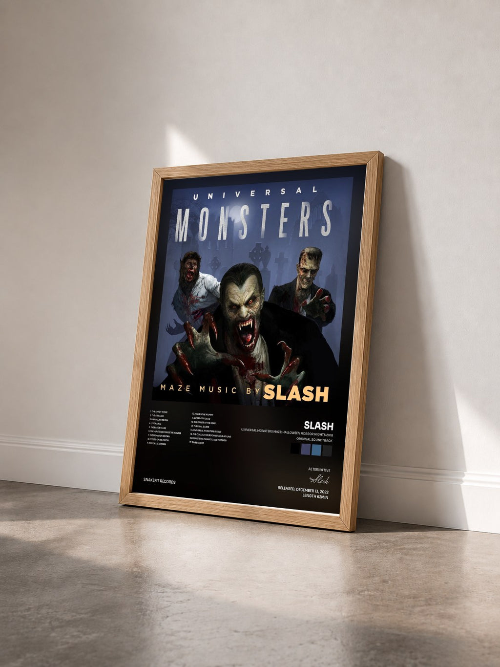 #bois Tableau de l'album Universal Monsters Maze: Halloween Horror Nights 2018 (Original Soundtrack) [Deluxe Edition] de Slash vu de trois quarts, cadre en bois brut