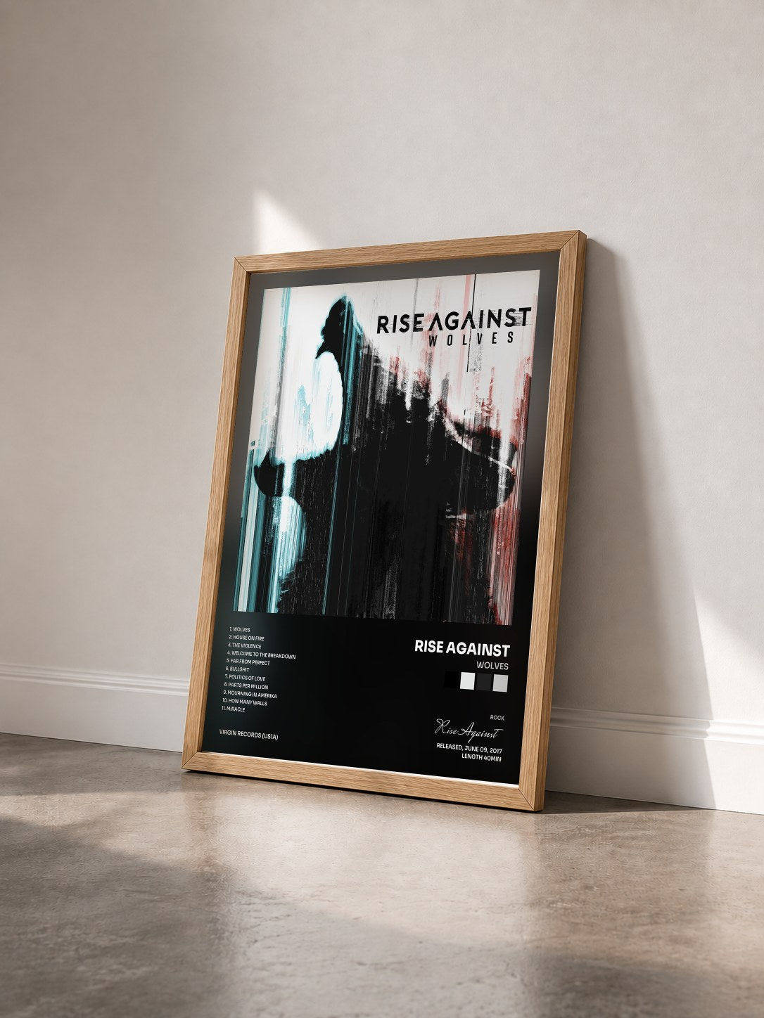 #bois Tableau de l'album Wolves de Rise Against vu de trois quarts, cadre en bois brut
