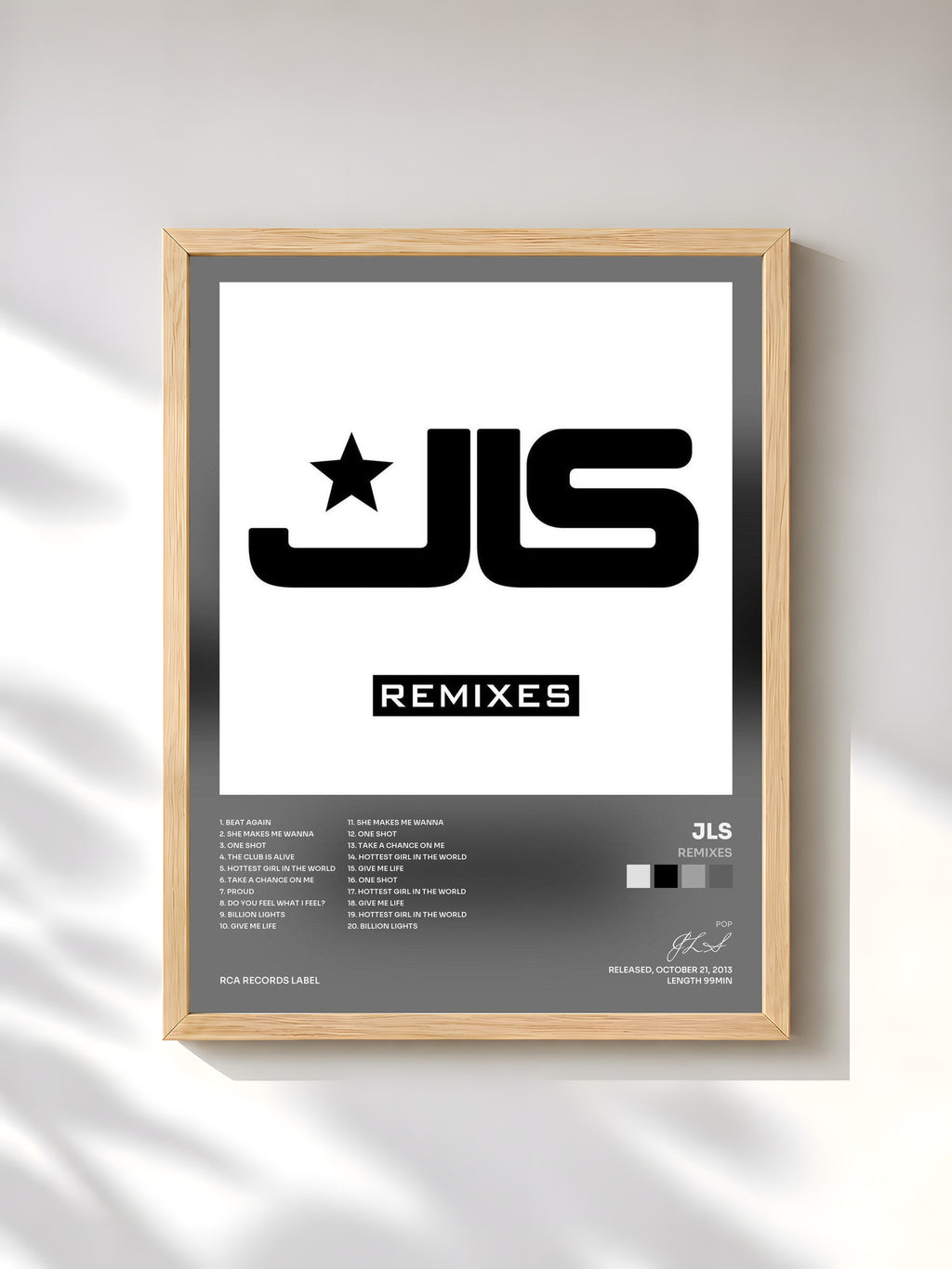 #bois Tableau de l'album Remixes de JLS, cadre en bois brut, imprimé et encadré en France