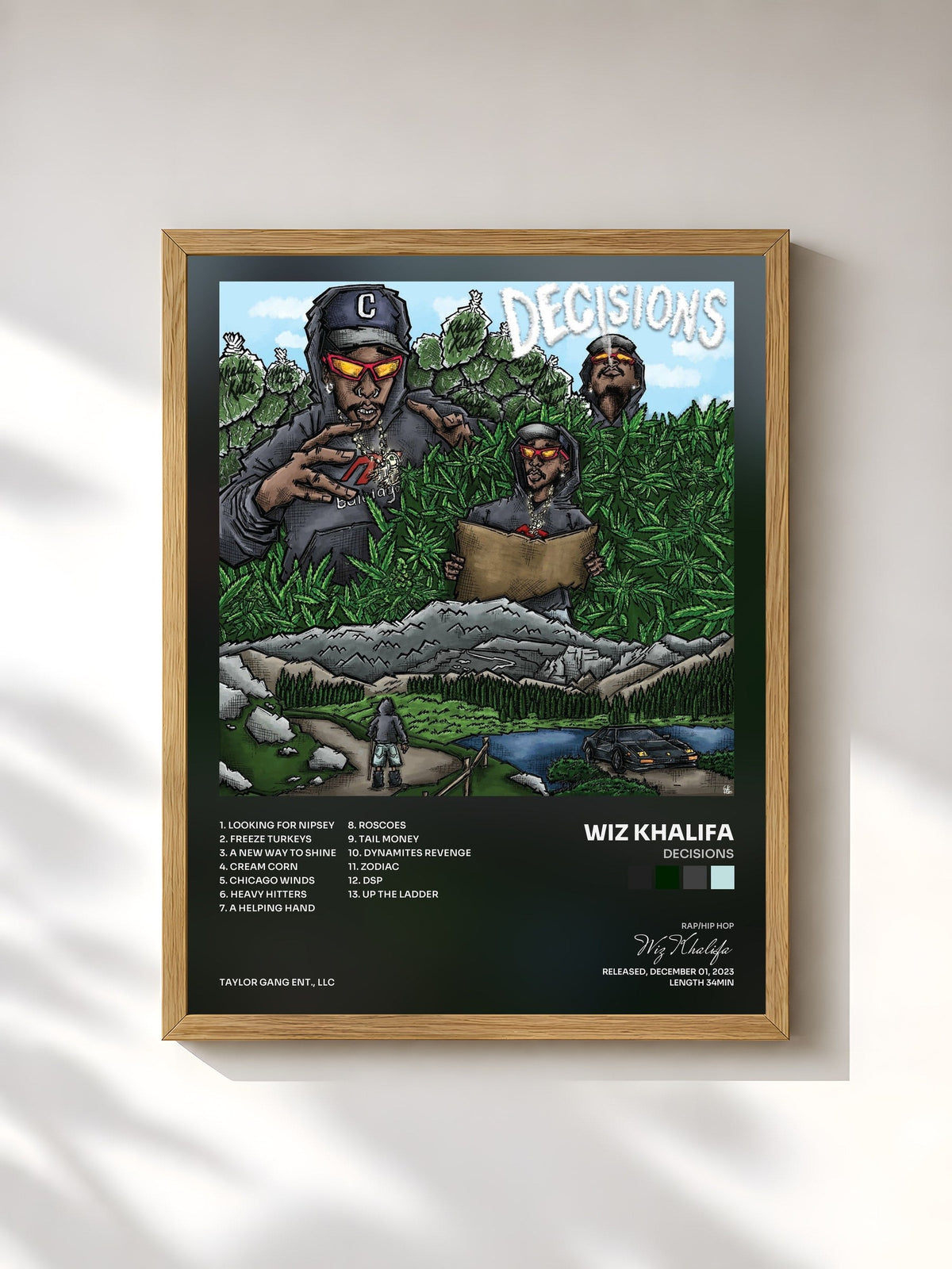 #bois Tableau de l'album Decisions de Wiz Khalifa, cadre en bois brut, imprimé et encadré en France