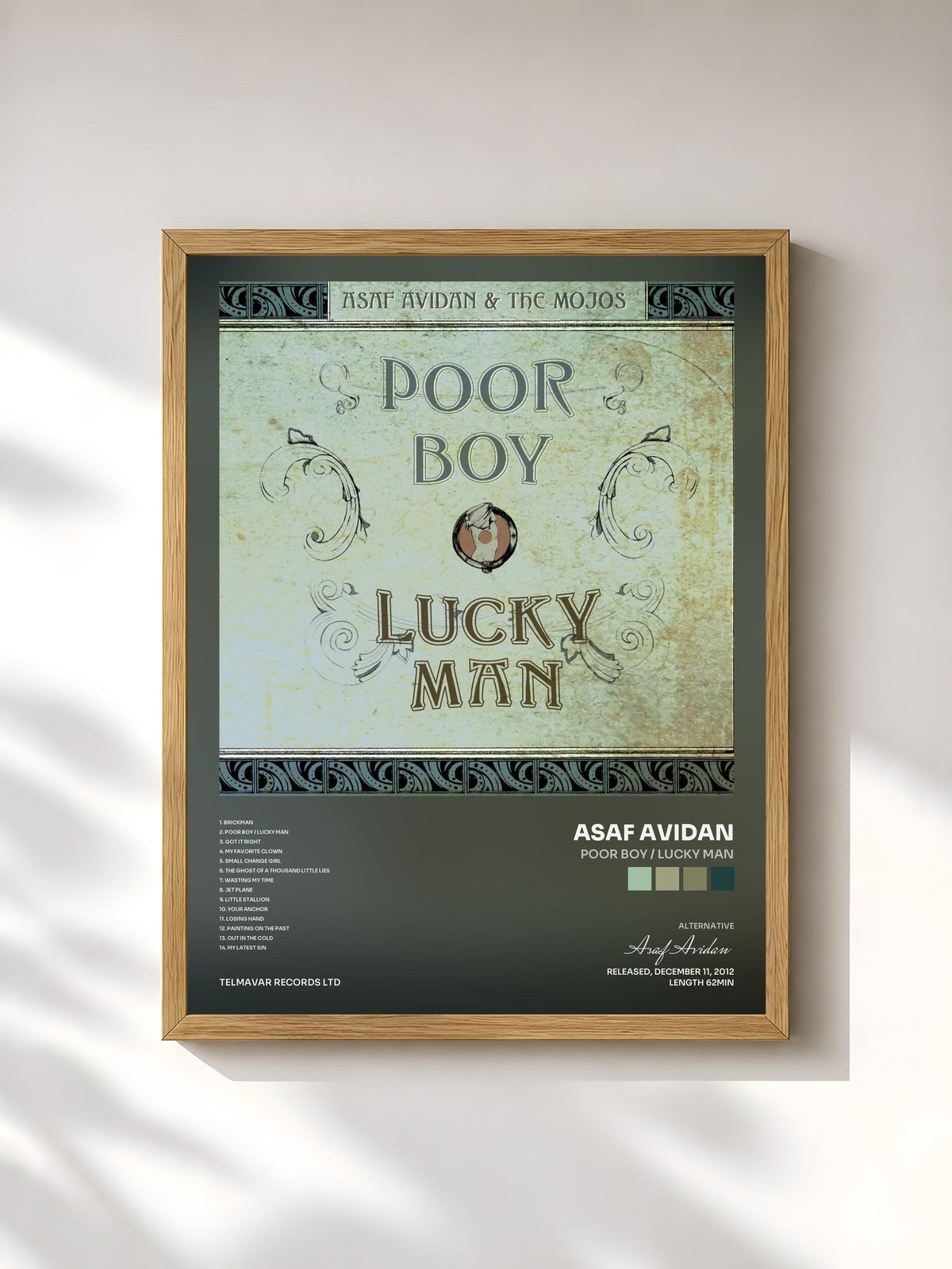 #bois Tableau de l'album Poor Boy / Lucky Man de Asaf Avidan, cadre en bois brut, imprimé et encadré en France