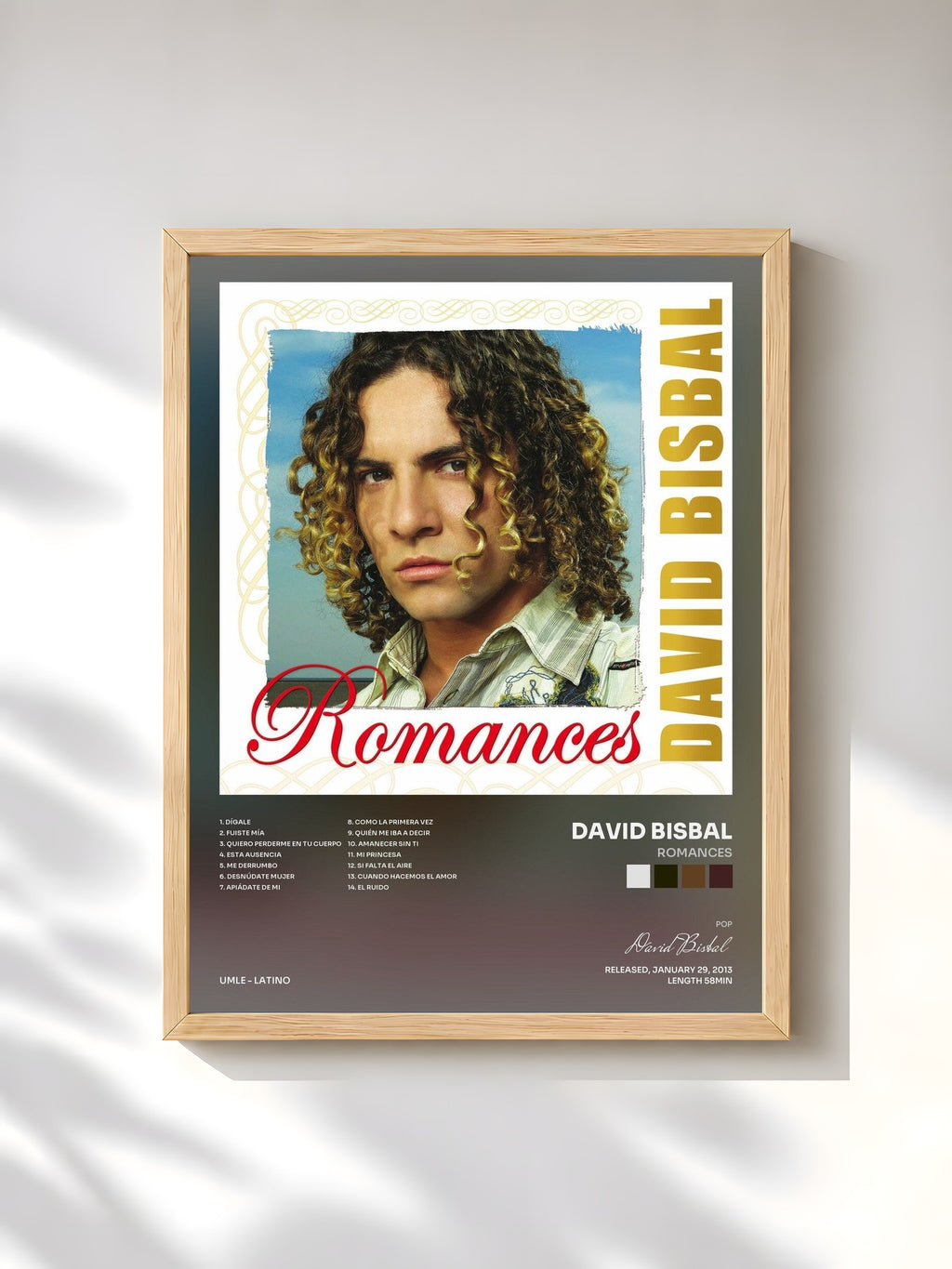 #bois Tableau de l'album Romances de David Bisbal, cadre en bois brut, imprimé et encadré en France
