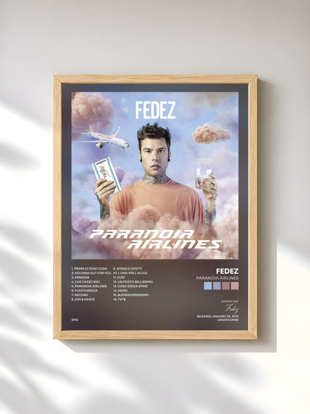 #bois Tableau de l'album Paranoia Airlines de Fedez, cadre en bois brut, imprimé et encadré en France