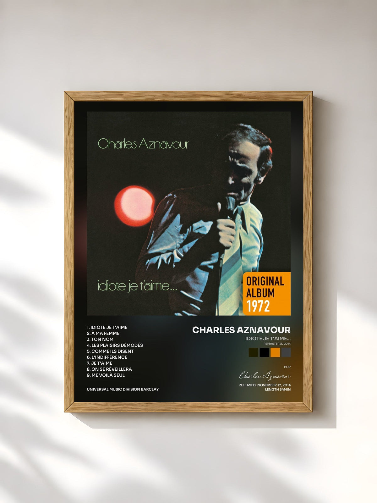 #bois Tableau de l'album Idiote je t'aime... (Remastered 2014) de Charles Aznavour, cadre en bois brut, imprimé et encadré en France