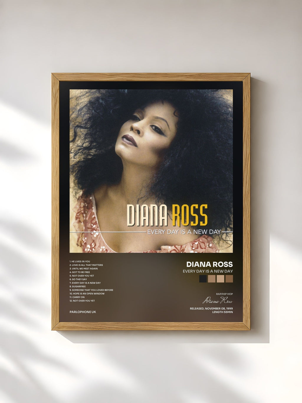#bois Tableau de l'album Every Day Is a New Day de Diana Ross, cadre en bois brut, imprimé et encadré en France