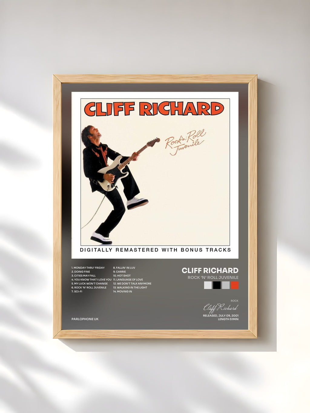 #bois Tableau de l'album Rock 'n' Roll Juvenile de Cliff Richard, cadre en bois brut, imprimé et encadré en France