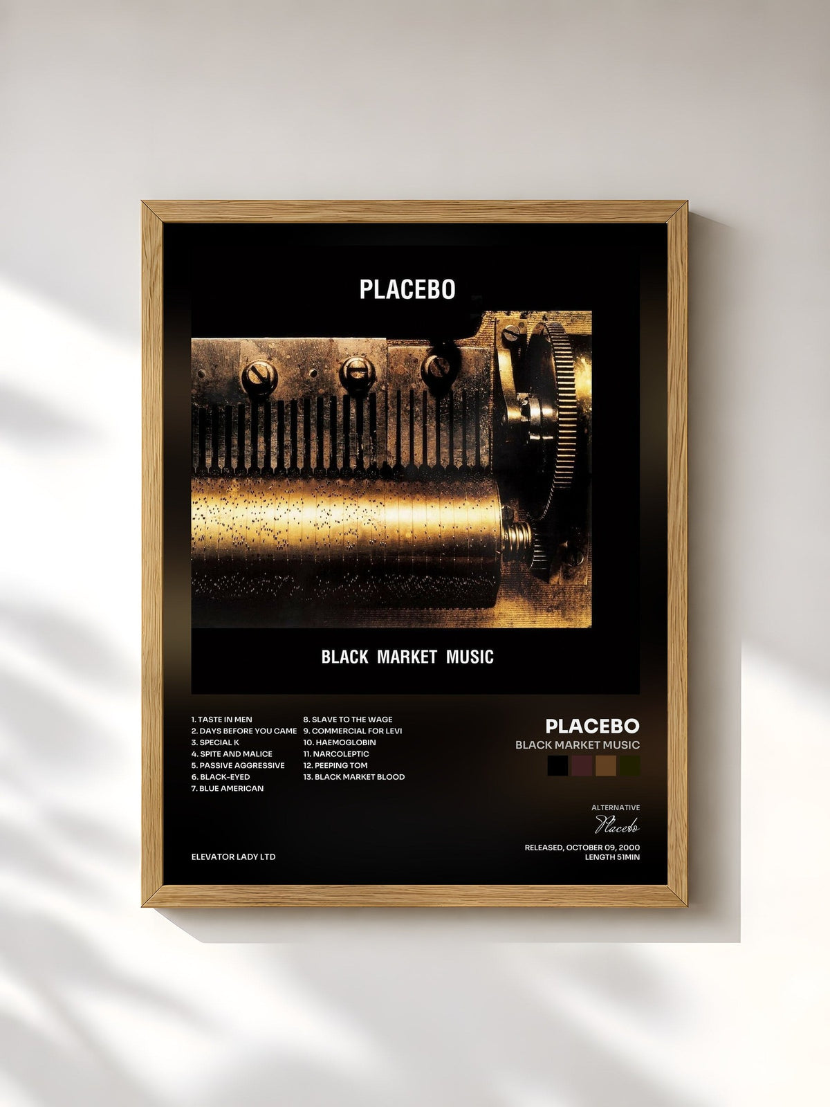 #bois Tableau de l'album Black Market Music de Placebo, cadre en bois brut, imprimé et encadré en France