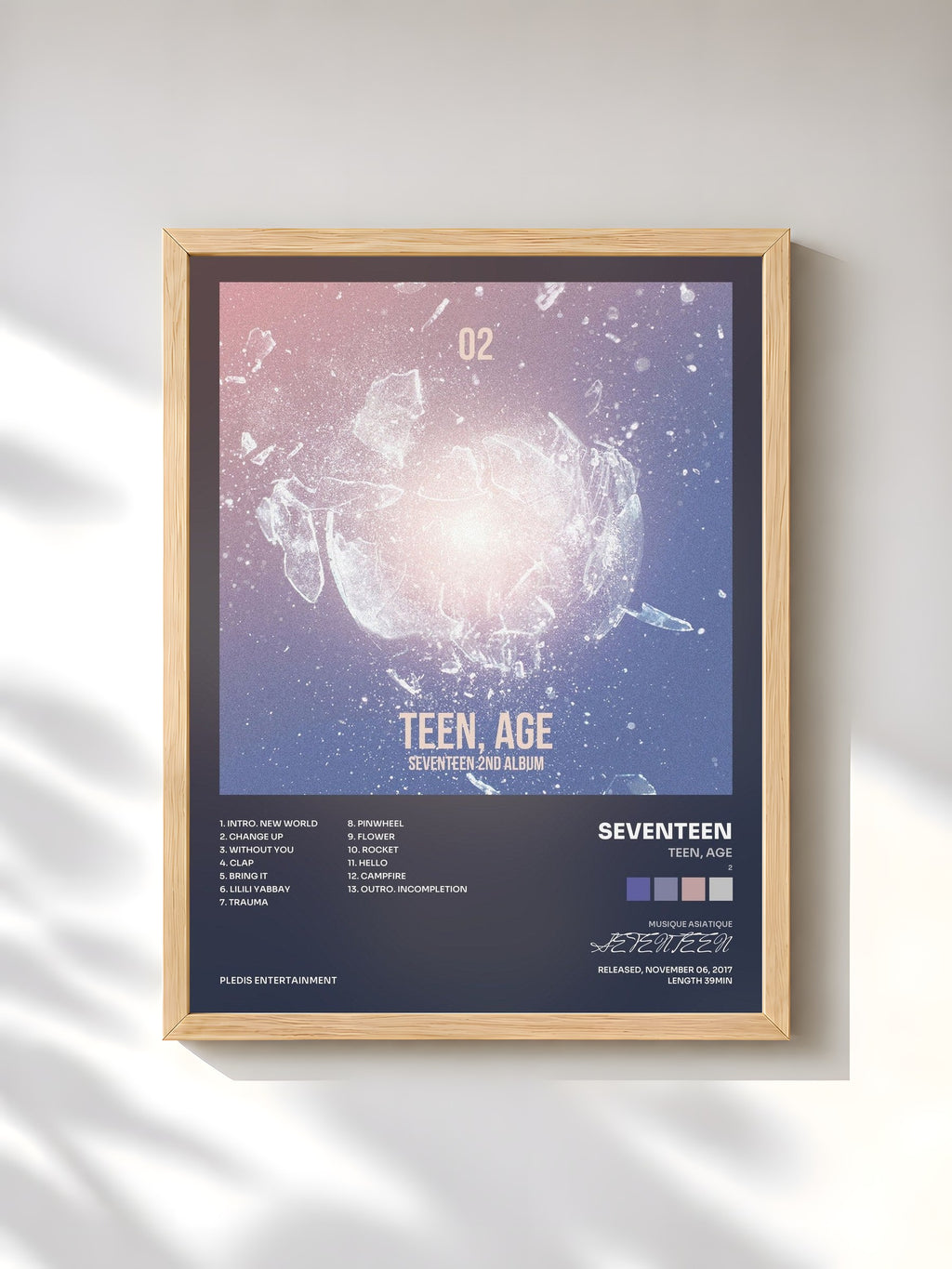 #bois Tableau de l'album TEEN, AGE (2) de SEVENTEEN, cadre en bois brut, imprimé et encadré en France