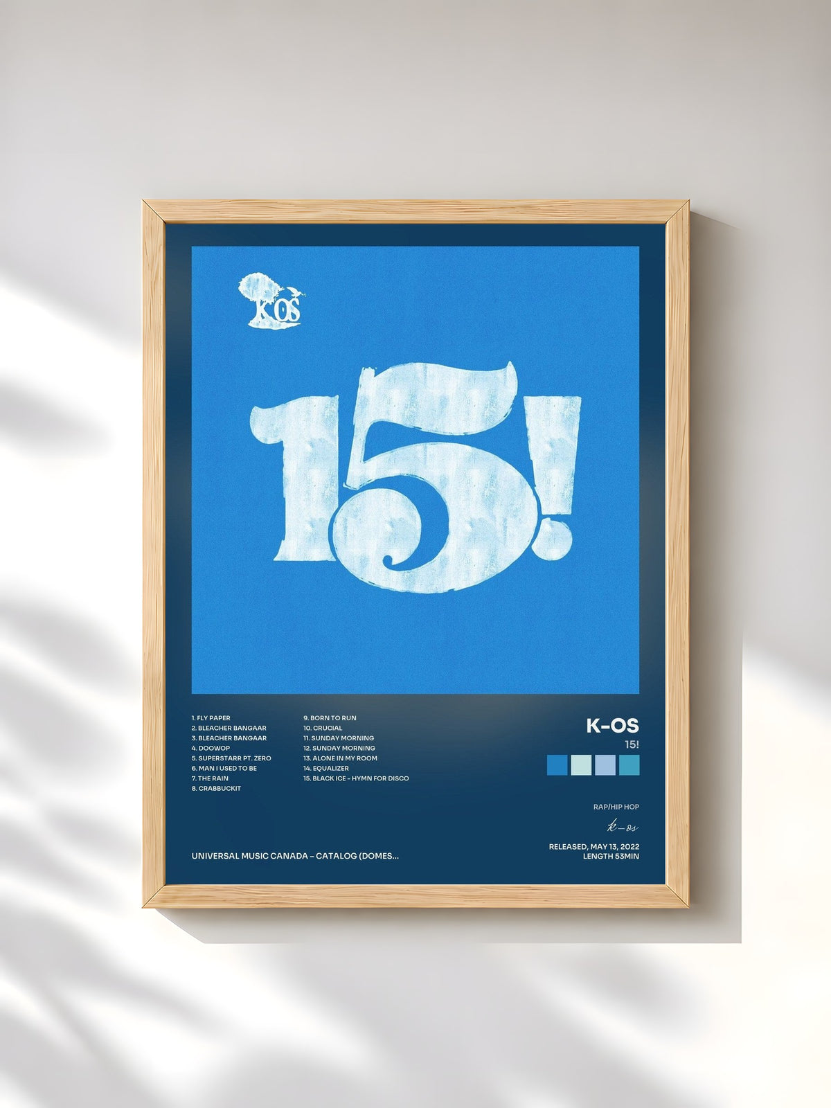 #bois Tableau de l'album 15! de k-os, cadre en bois brut, imprimé et encadré en France