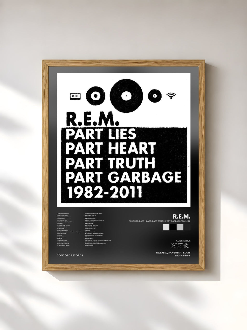 #bois Tableau de l'album Part Lies, Part Heart, Part Truth, Part Garbage: 1982-2011 de R.E.M., cadre en bois brut, imprimé et encadré en France
