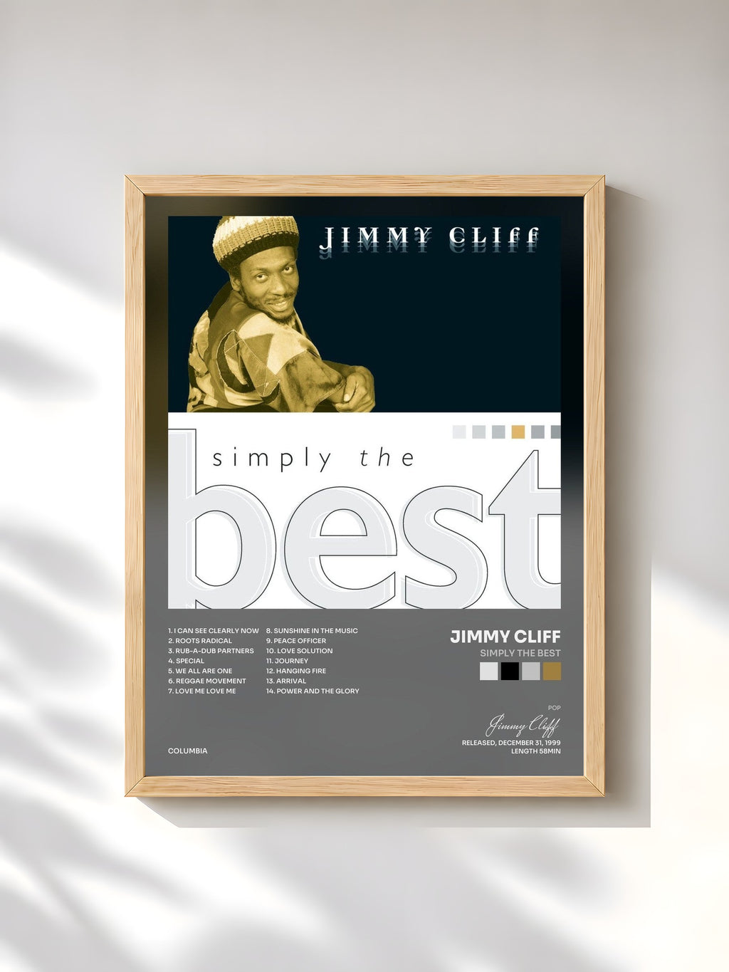 #bois Tableau de l'album Simply The Best de Jimmy Cliff, cadre en bois brut, imprimé et encadré en France