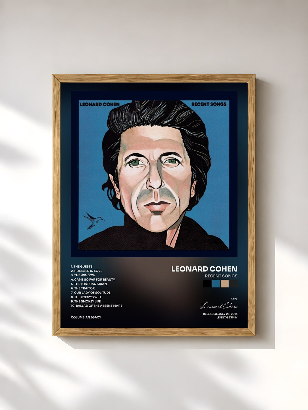 #bois Tableau de l'album Recent Songs de Leonard Cohen, cadre en bois brut, imprimé et encadré en France