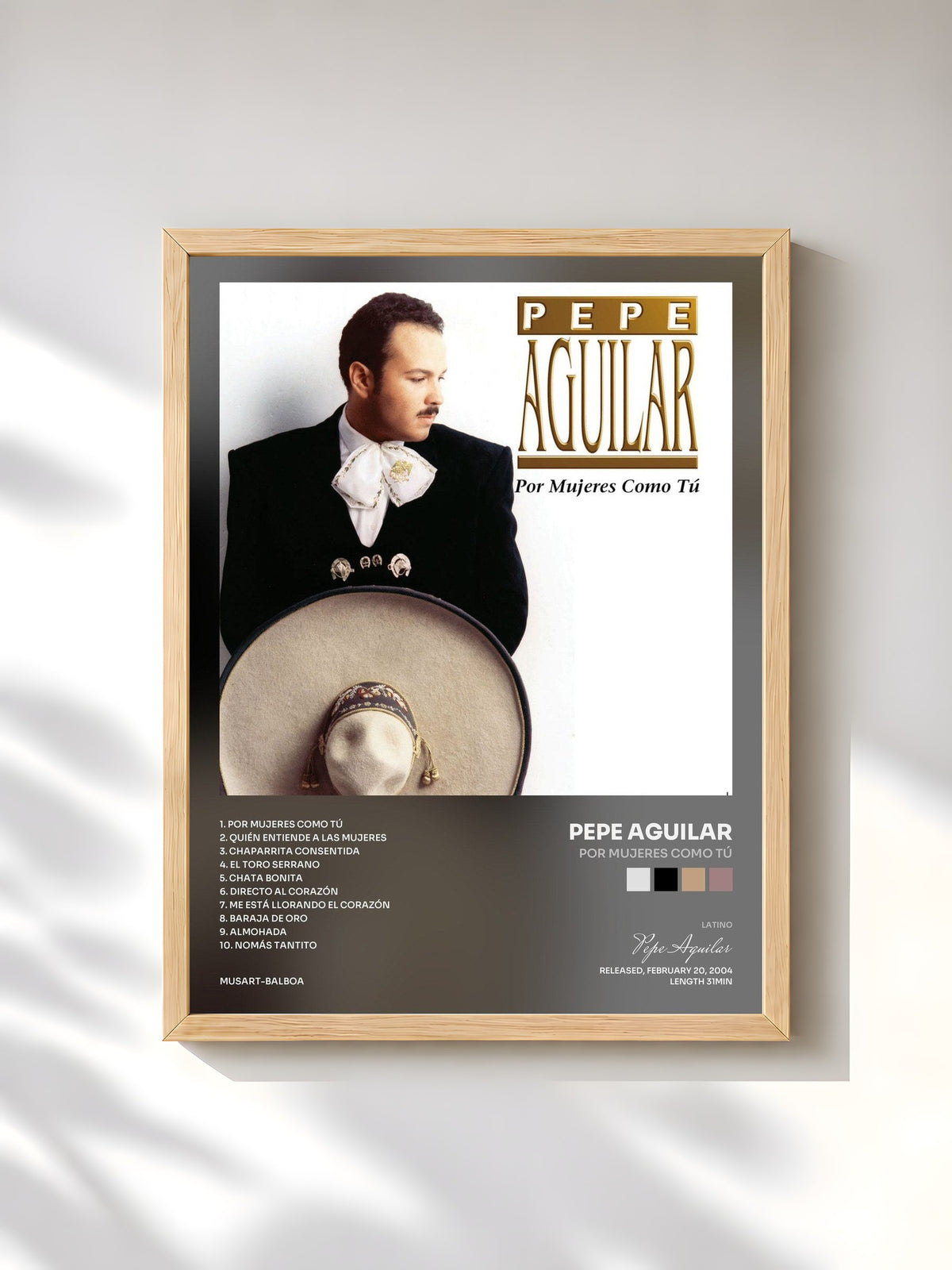 #bois Tableau de l'album Por Mujeres Como Tú de Pepe Aguilar, cadre en bois brut, imprimé et encadré en France