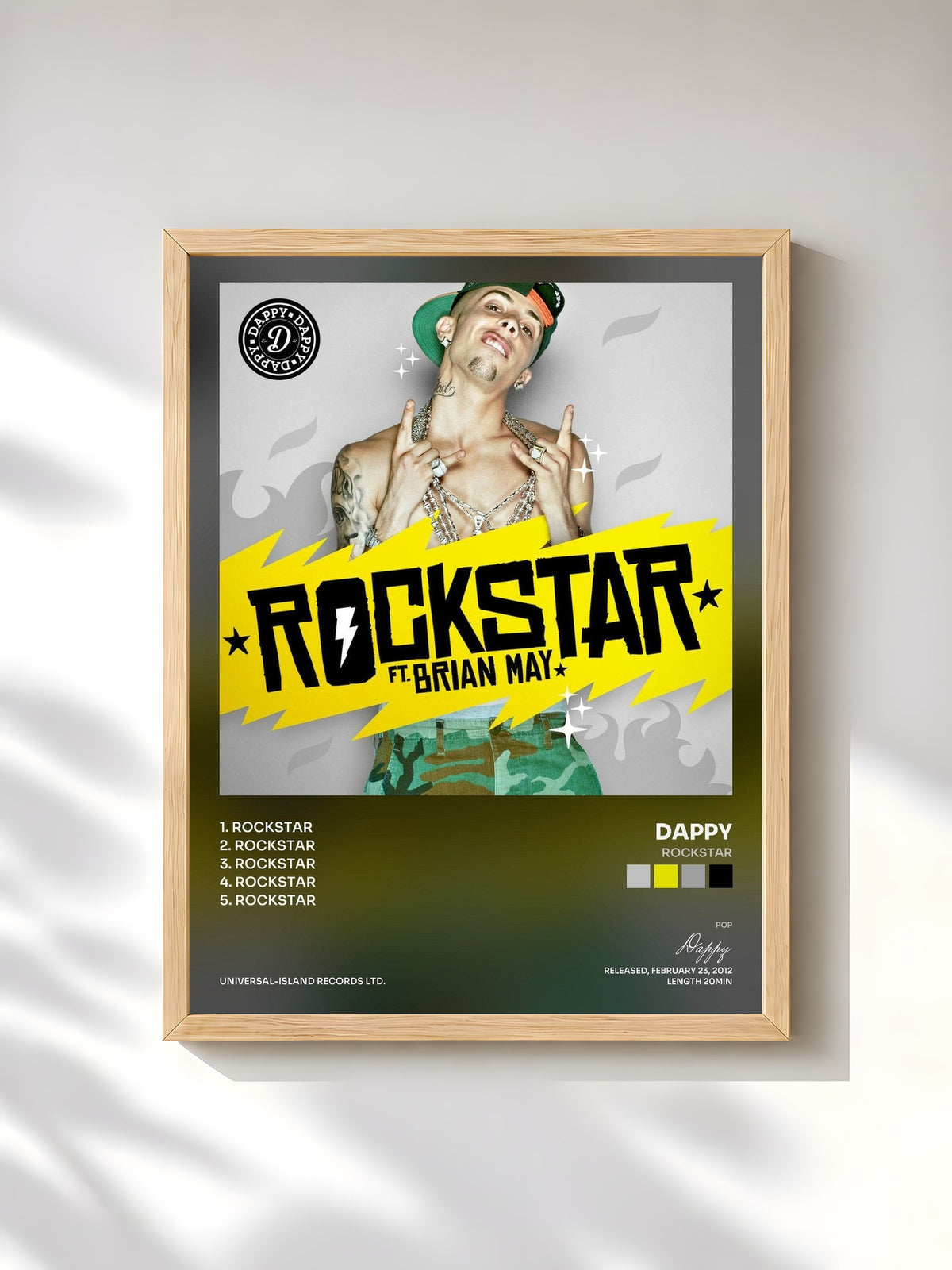 #bois Tableau de l'album Rockstar de Dappy, cadre en bois brut, imprimé et encadré en France