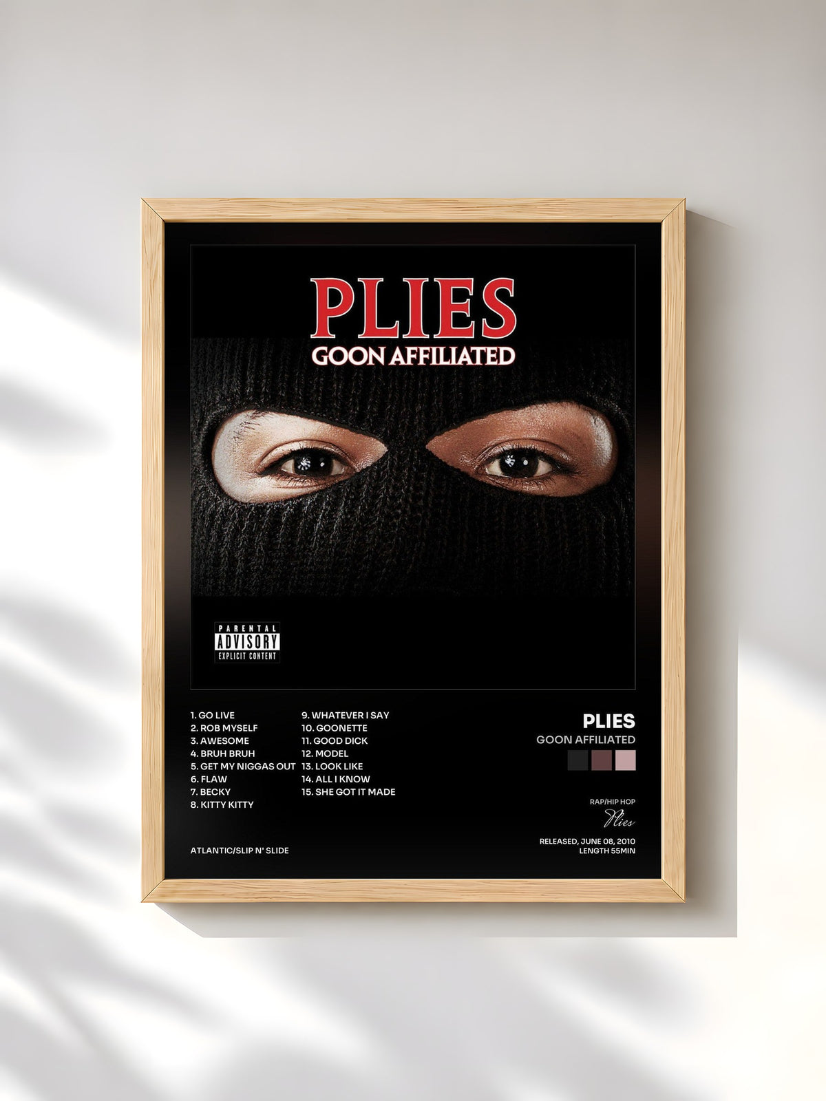 #bois Tableau de l'album Goon Affiliated de Plies, cadre en bois brut, imprimé et encadré en France