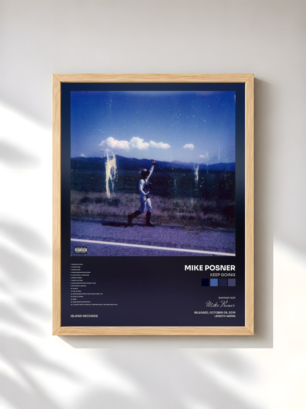 #bois Tableau de l'album Keep Going de Mike Posner, cadre en bois brut, imprimé et encadré en France