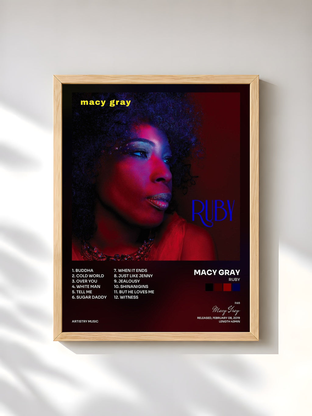 #bois Tableau de l'album Ruby de Macy Gray, cadre en bois brut, imprimé et encadré en France