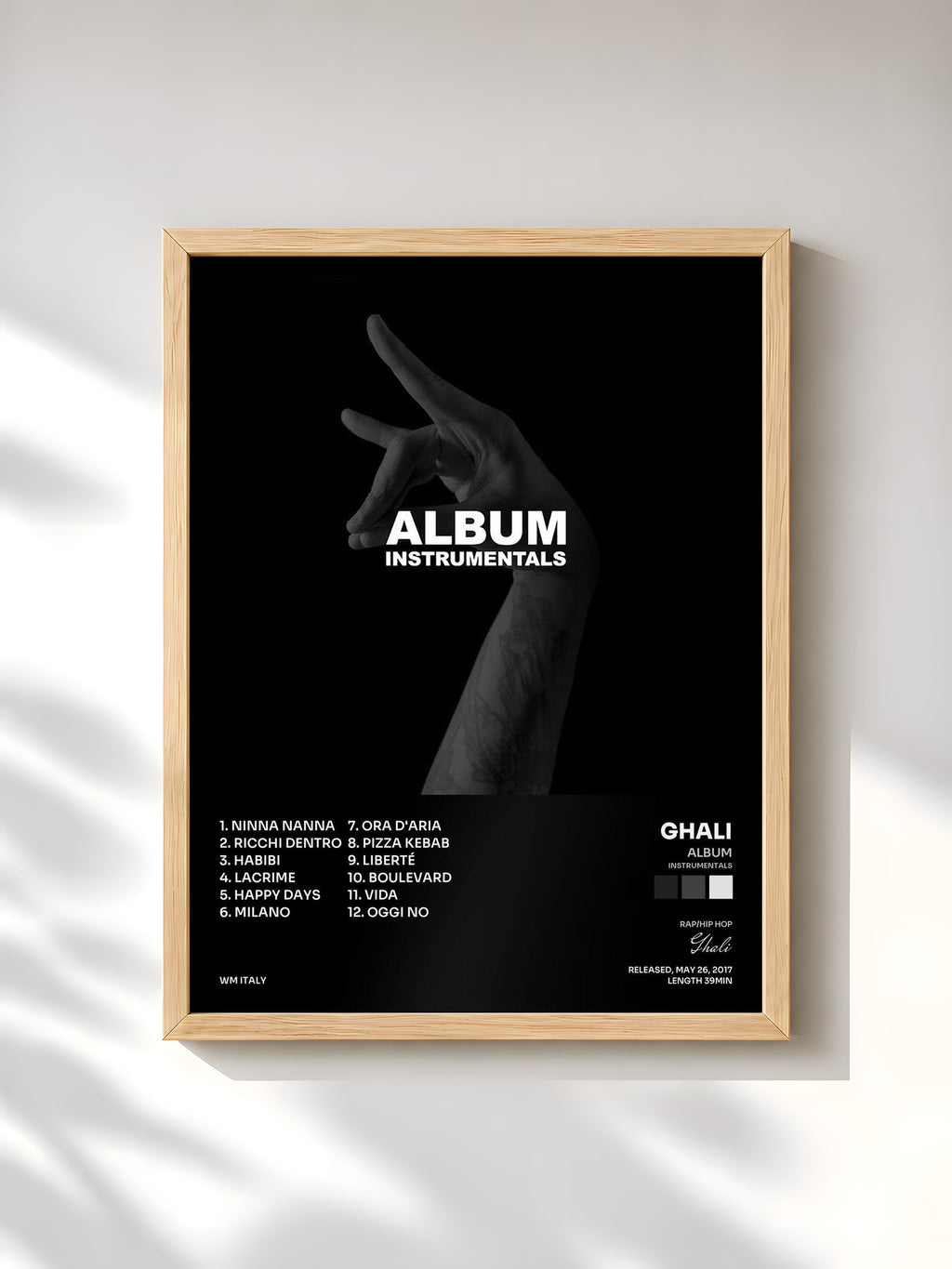 #bois Tableau de l'album Album (Instrumentals) de Ghali, cadre en bois brut, imprimé et encadré en France