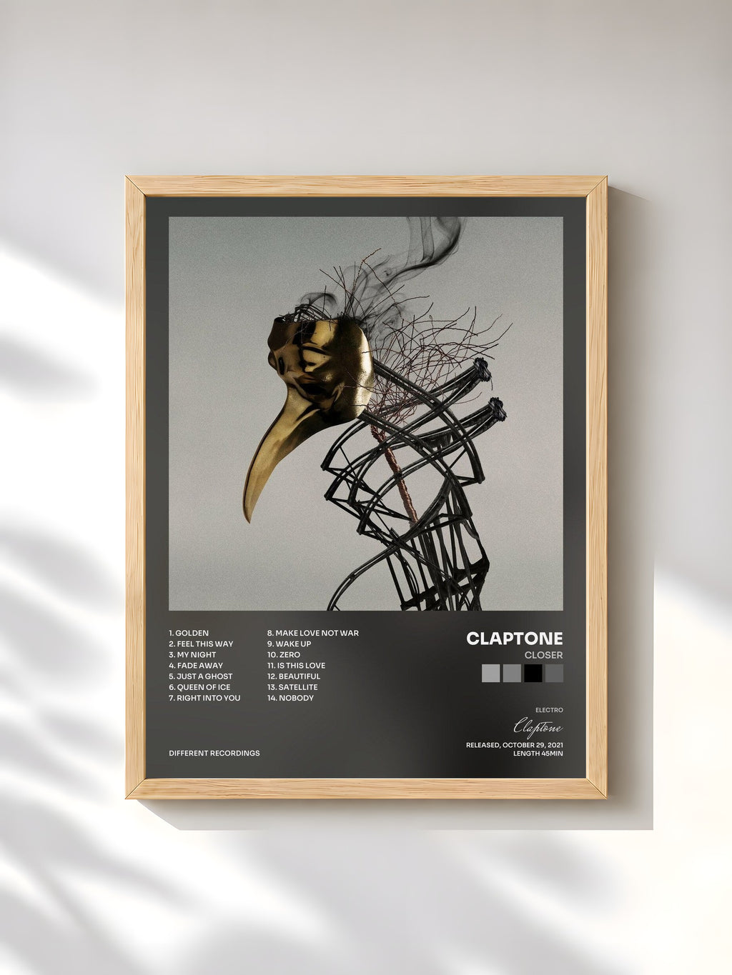 #bois Tableau de l'album Closer de Claptone, cadre en bois brut, imprimé et encadré en France