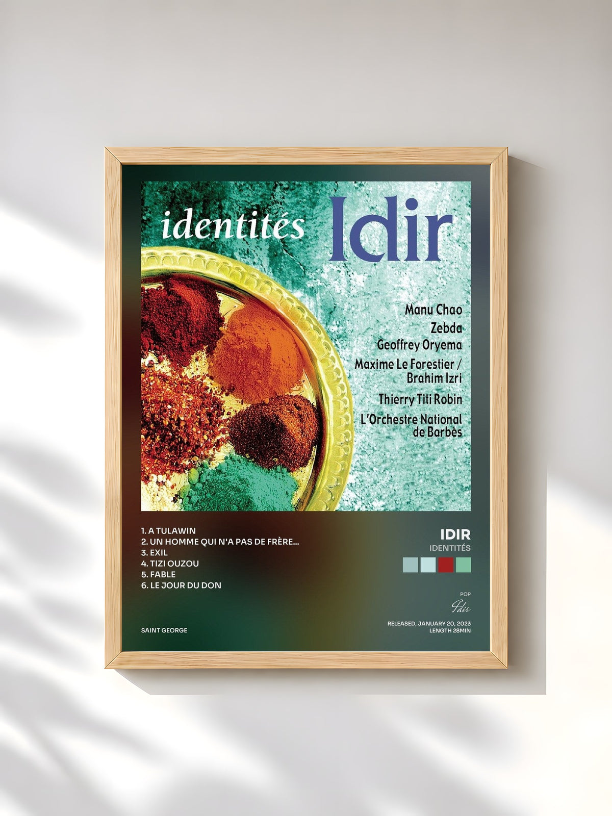 #bois Tableau de l'album IdentitéS de Idir, cadre en bois brut, imprimé et encadré en France