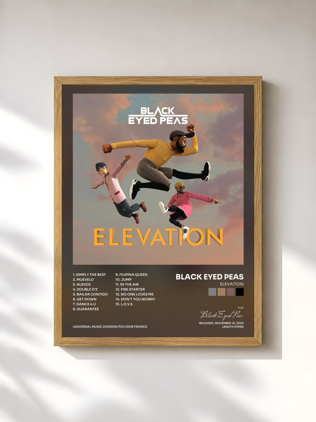 #bois Tableau de l'album Elevation de Black Eyed Peas, cadre en bois brut, imprimé et encadré en France