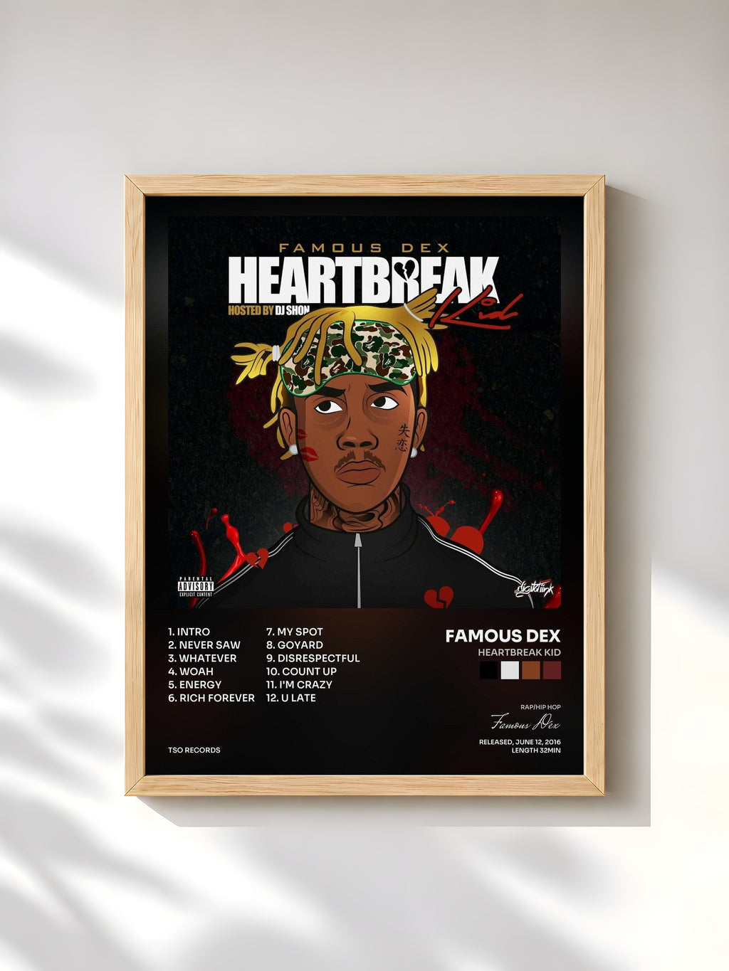 #bois Tableau de l'album Heartbreak Kid de Famous Dex, cadre en bois brut, imprimé et encadré en France