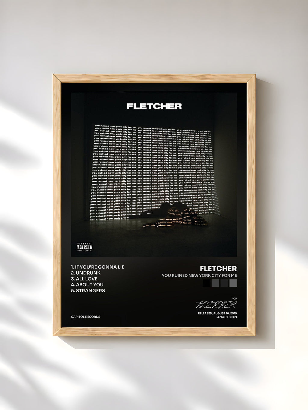#bois Tableau de l'album you ruined new york city for me de FLETCHER, cadre en bois brut, imprimé et encadré en France