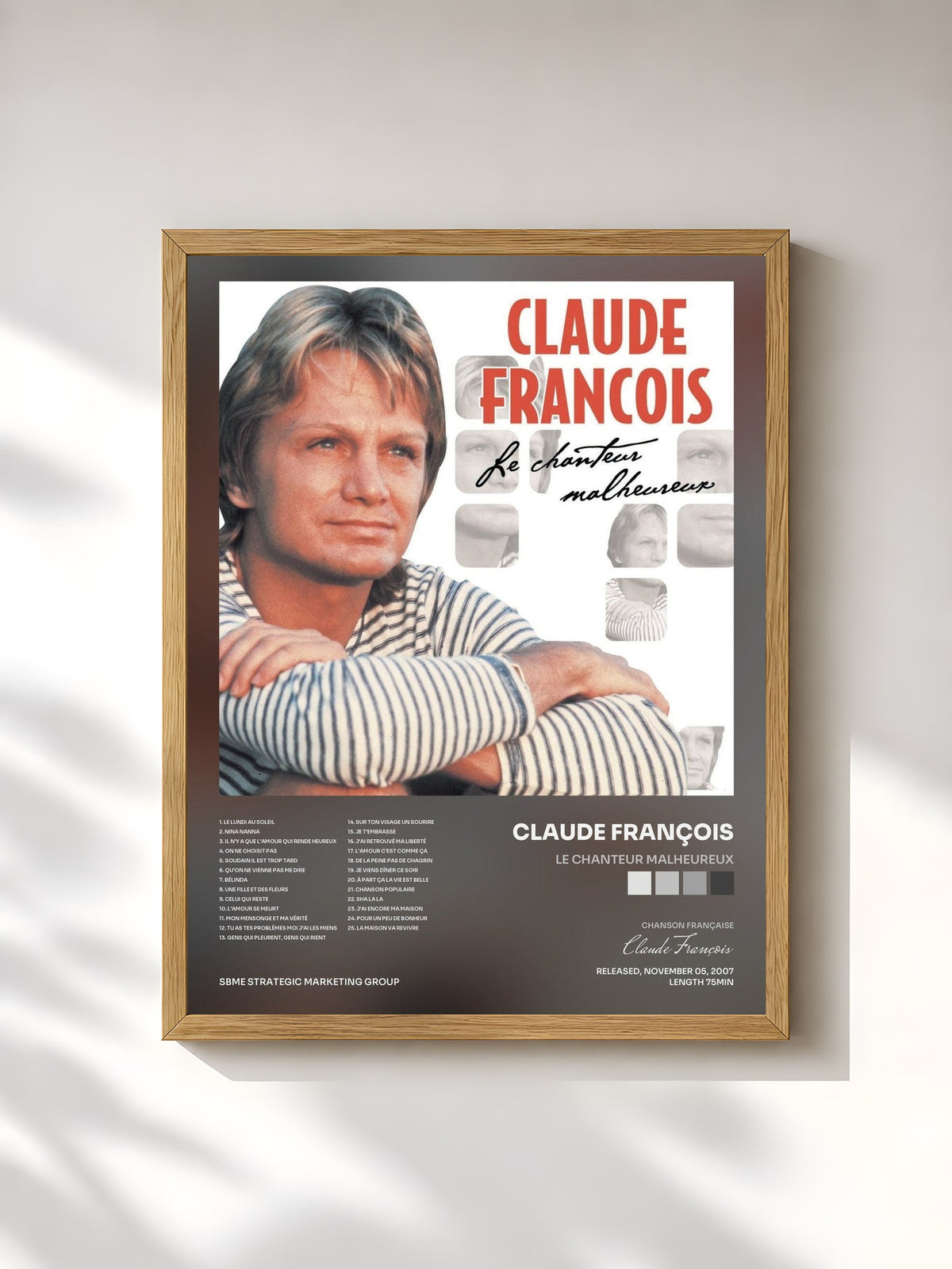 #bois Tableau de l'album Le Chanteur Malheureux de Claude François, cadre en bois brut, imprimé et encadré en France
