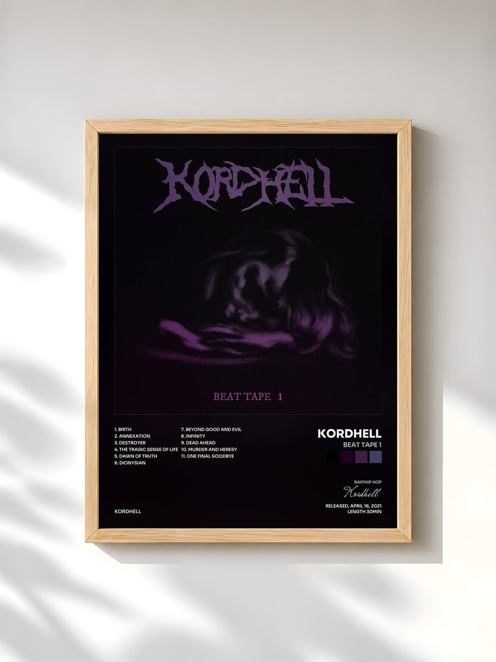 #bois Tableau de l'album Beat Tape 1 de Kordhell, cadre en bois brut, imprimé et encadré en France
