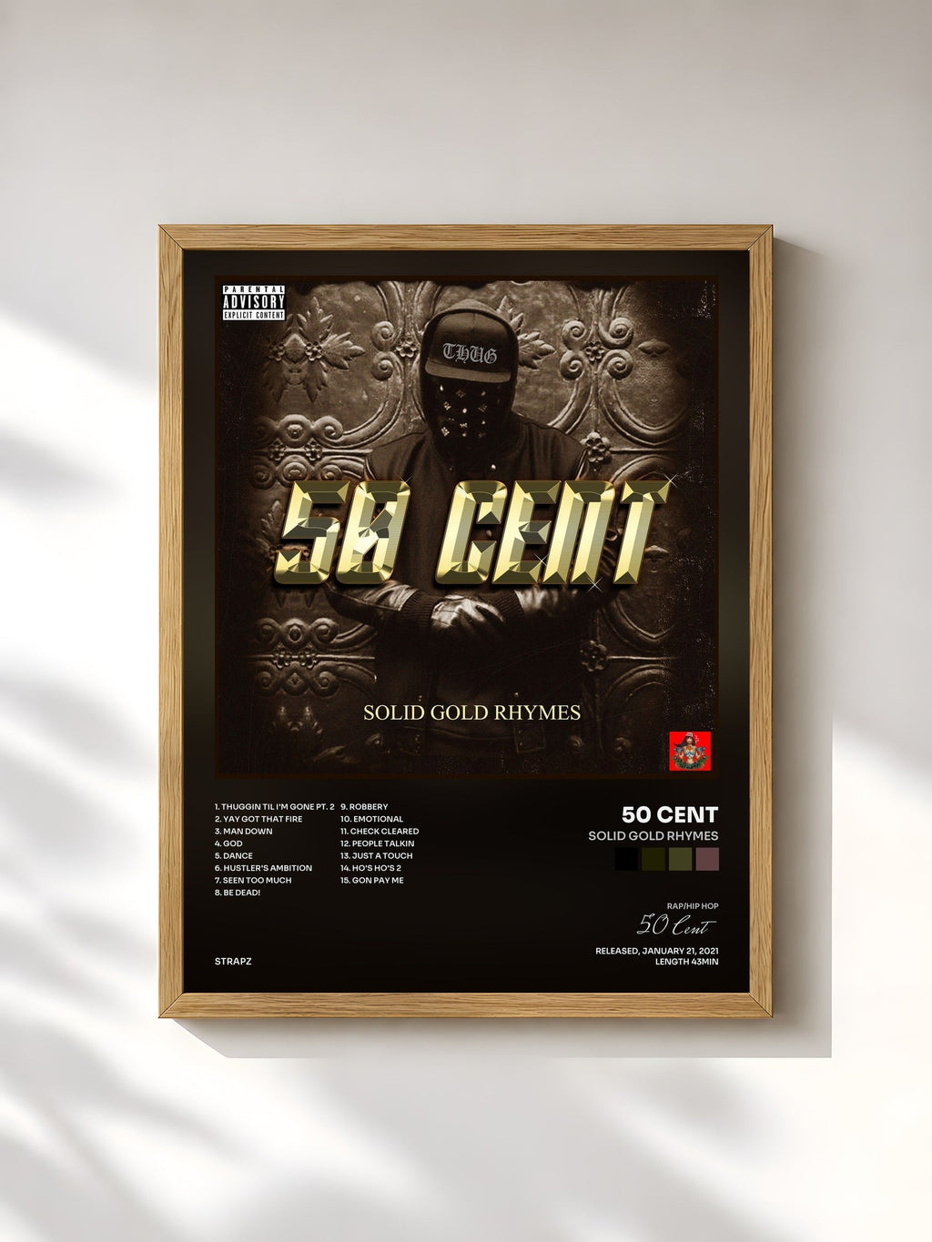 #bois Tableau de l'album Solid Gold Rhymes de 50 Cent, cadre en bois brut, imprimé et encadré en France