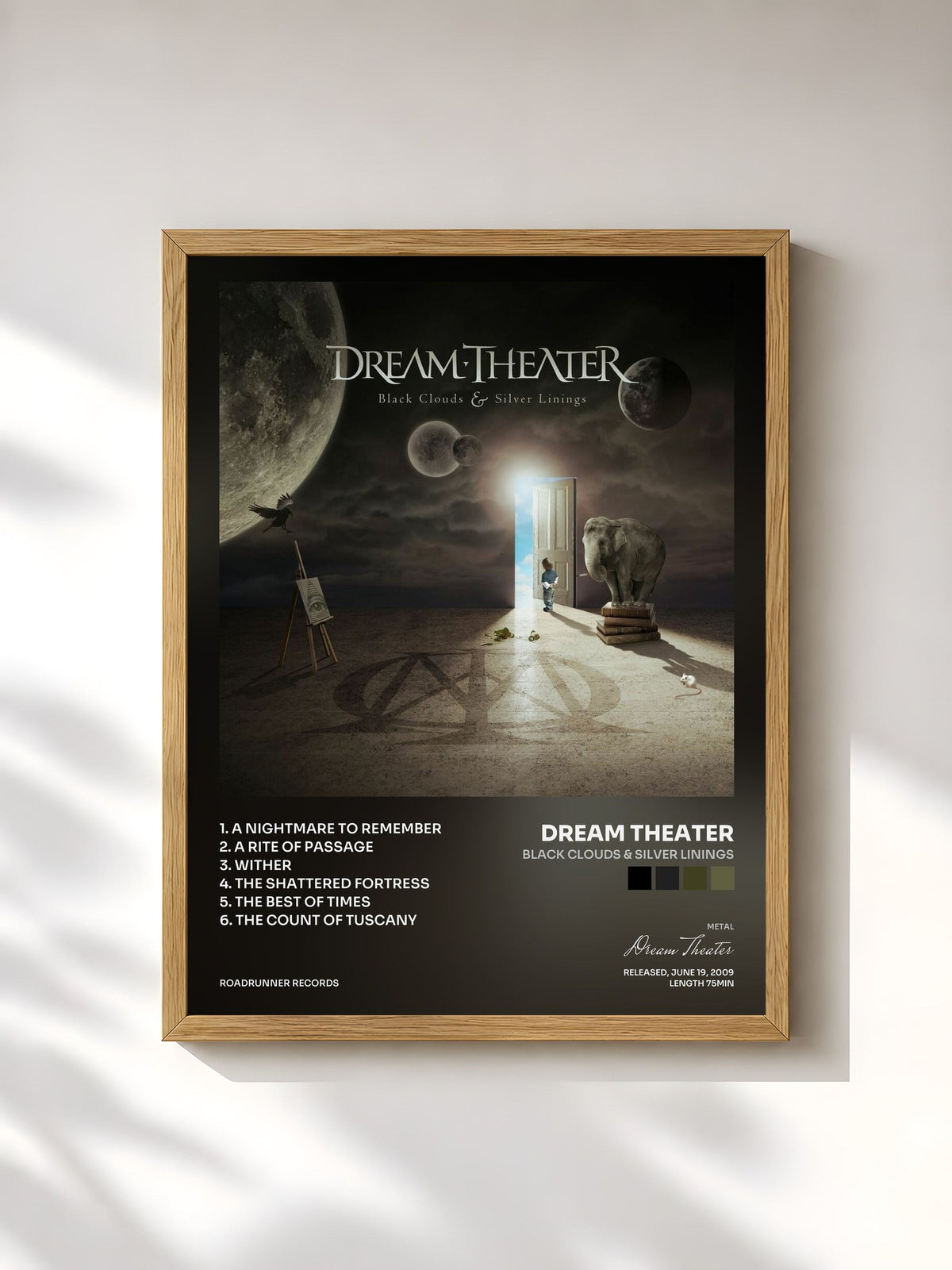 #bois Tableau de l'album Black Clouds & Silver Linings de Dream Theater, cadre en bois brut, imprimé et encadré en France