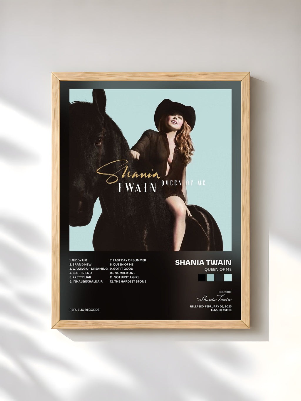 #bois Tableau de l'album Queen Of Me de Shania Twain, cadre en bois brut, imprimé et encadré en France
