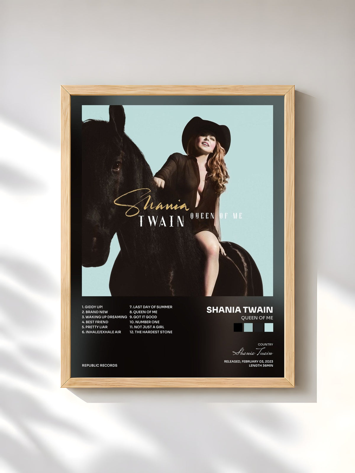 #bois Tableau de l'album Queen Of Me de Shania Twain, cadre en bois brut, imprimé et encadré en France