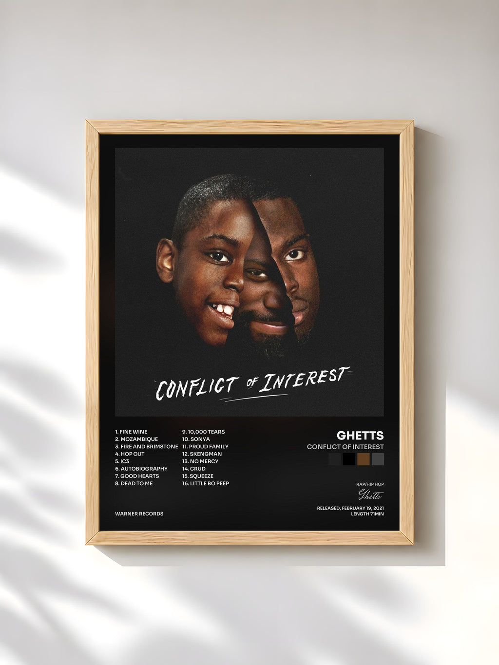 #bois Tableau de l'album Conflict Of Interest de Ghetts, cadre en bois brut, imprimé et encadré en France