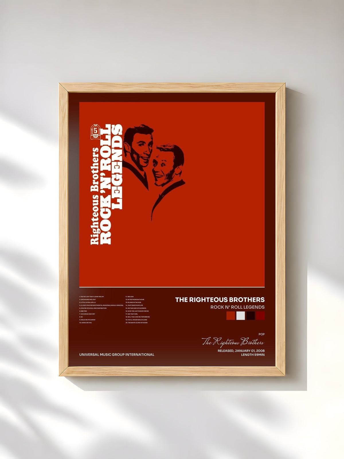 #bois Tableau de l'album Rock N' Roll Legends de The Righteous Brothers, cadre en bois brut, imprimé et encadré en France