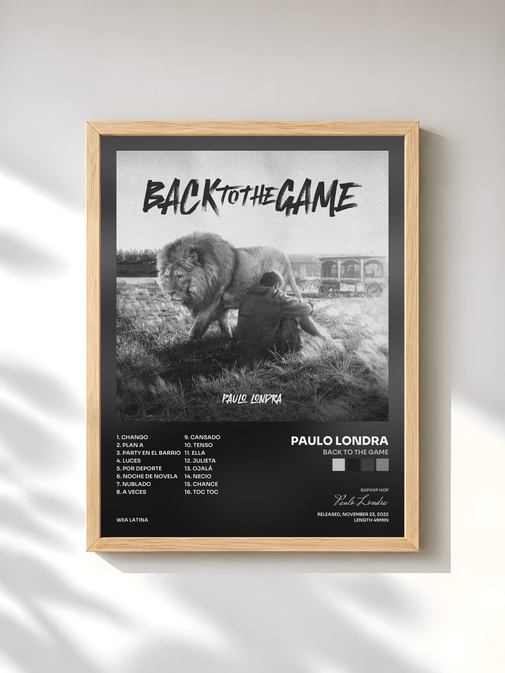 #bois Tableau de l'album Back To The Game de Paulo Londra, cadre en bois brut, imprimé et encadré en France