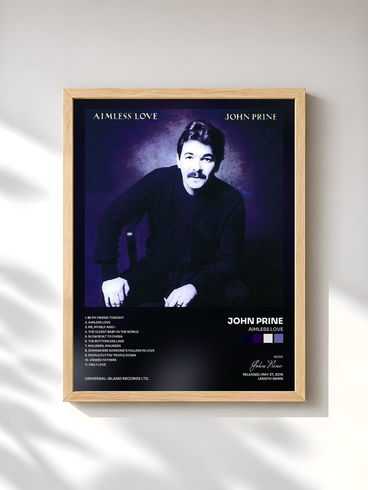 #bois Tableau de l'album Aimless Love de John Prine, cadre en bois brut, imprimé et encadré en France